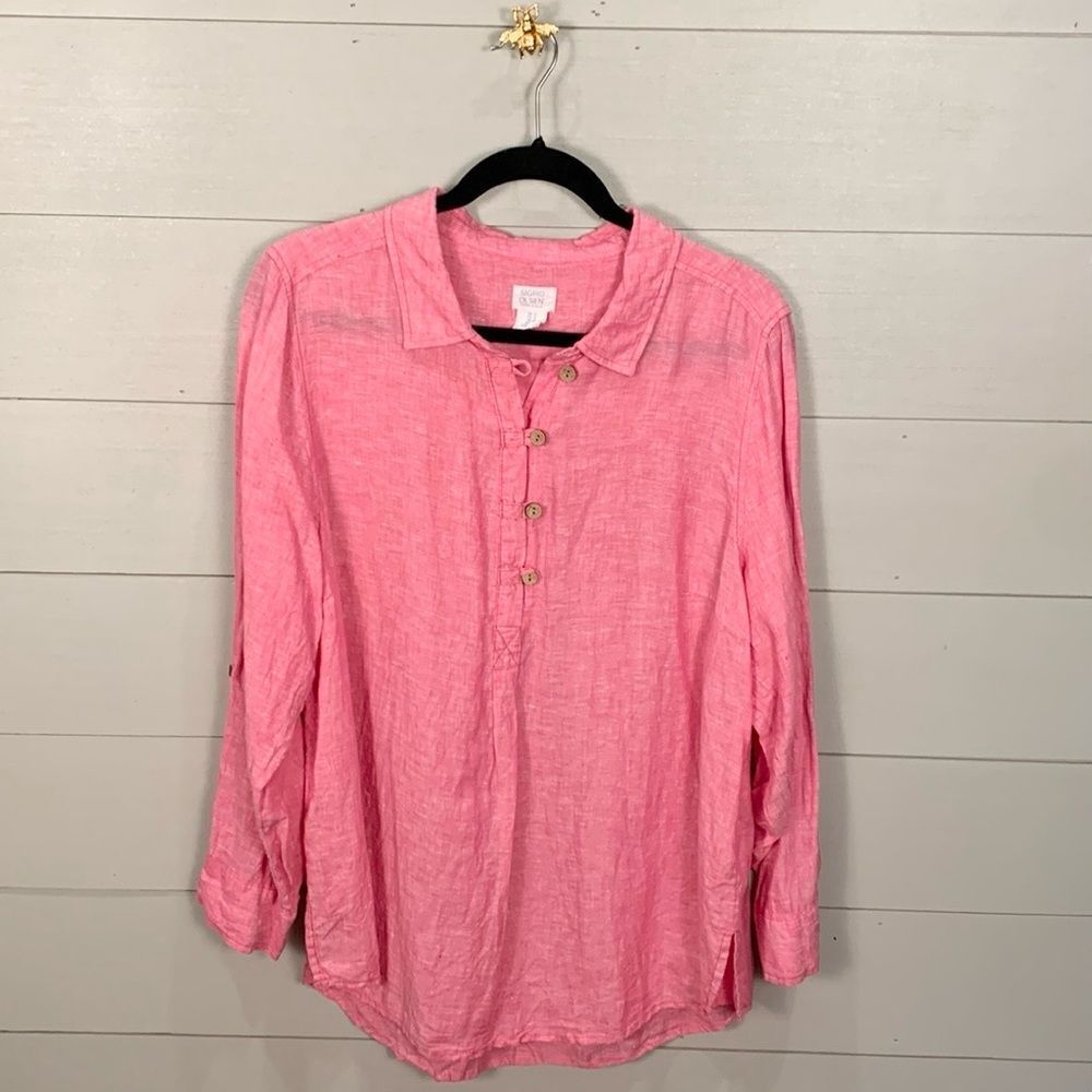 Sigrid Olsen 100% linen pink Henley button top long sleeve size 1X natural